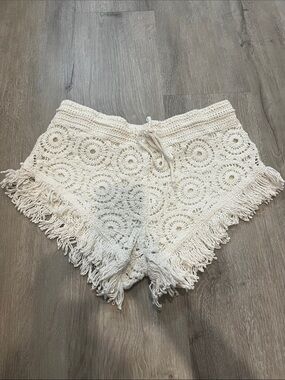 Surf Gypsy Cream Crochet Fringe High-Waist Shorts